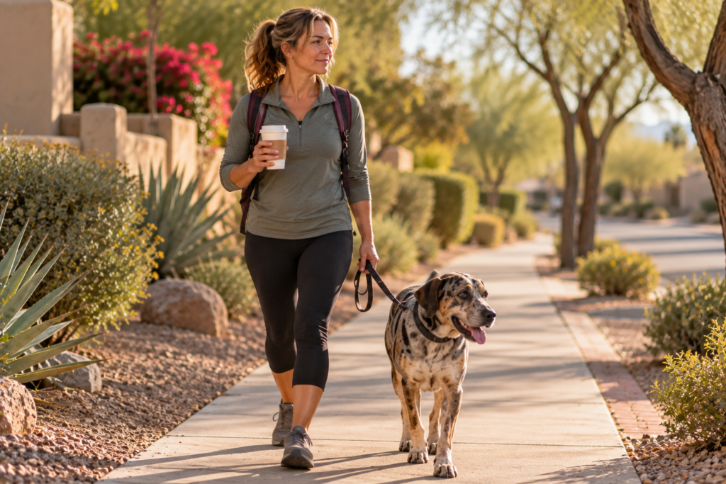 Person walking slowly and calmly along a quiet sidewalk in the morning, coffee in hand.