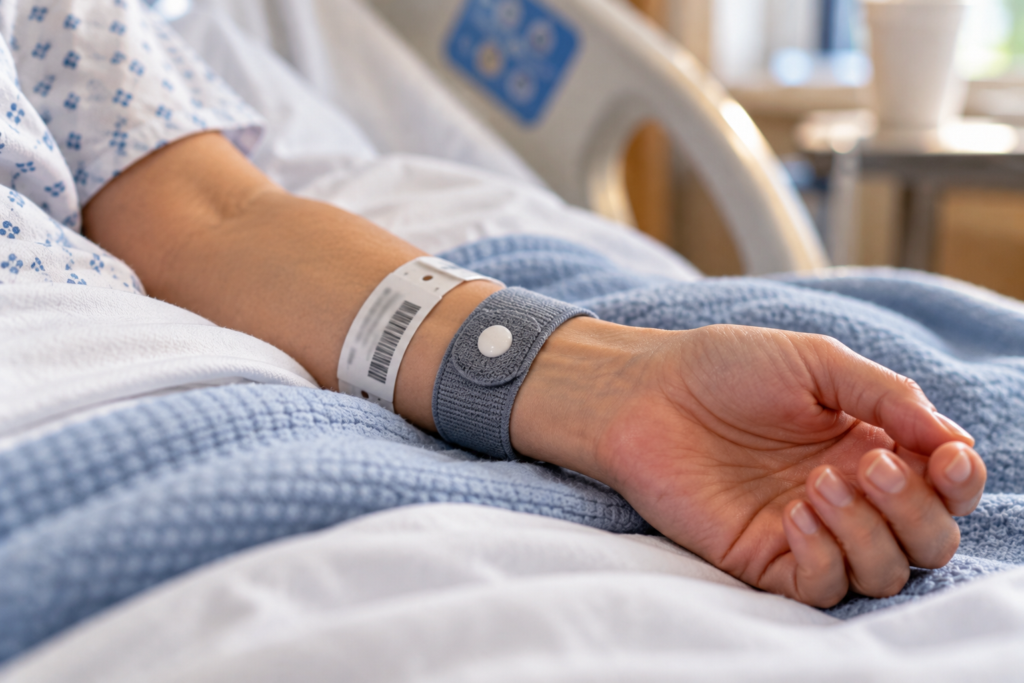 Patient's forearm on a hospital blanket wearing an anti-nausea acupressure wristband.
