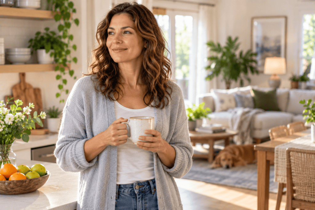 Person looking steady, calm, and well, going about their day at home with balance restored.