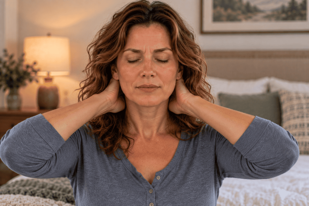 Person seated pressing the base of their skull with both thumbs, eyes closed, to ease vertigo.