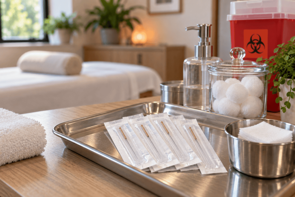 Individually packaged sterile acupuncture needles and clinical supplies prepared for treatment.