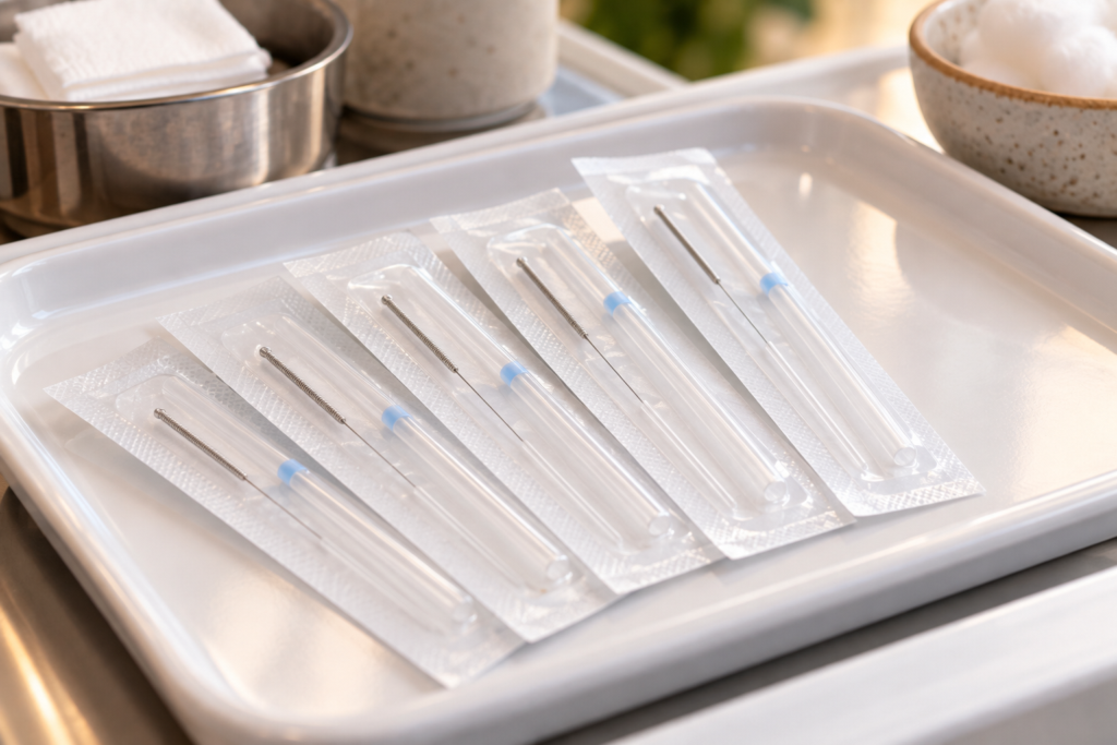 Individually packaged sterile acupuncture needles with guide tubes on a clean clinical tray.
