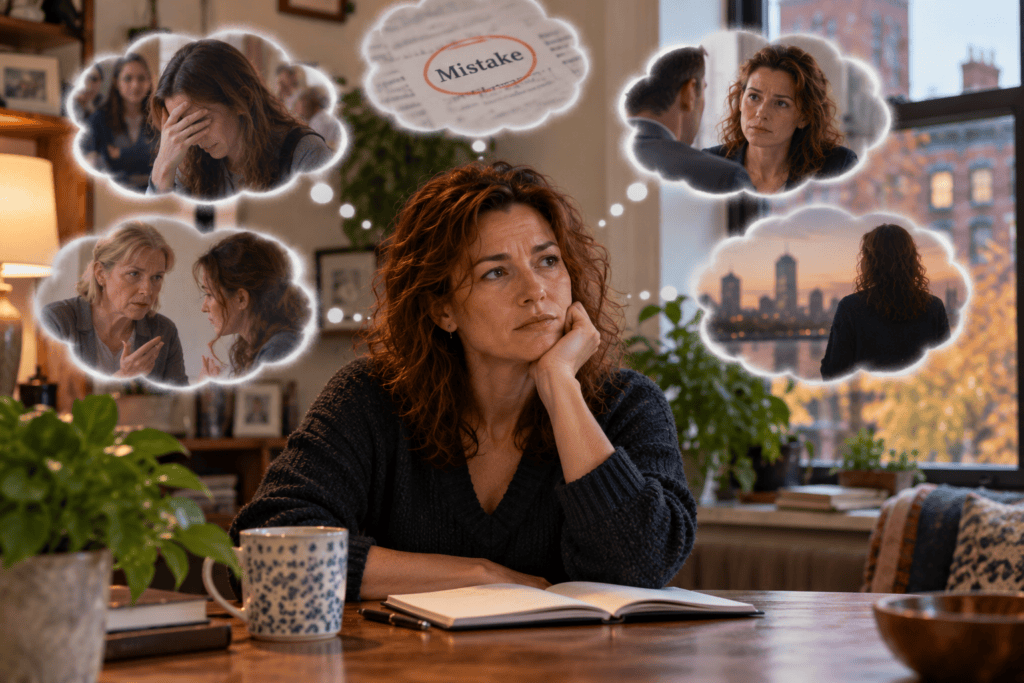 Woman caught in self-critical thoughts as her mind revisits past mistakes, criticism, and difficult memories.