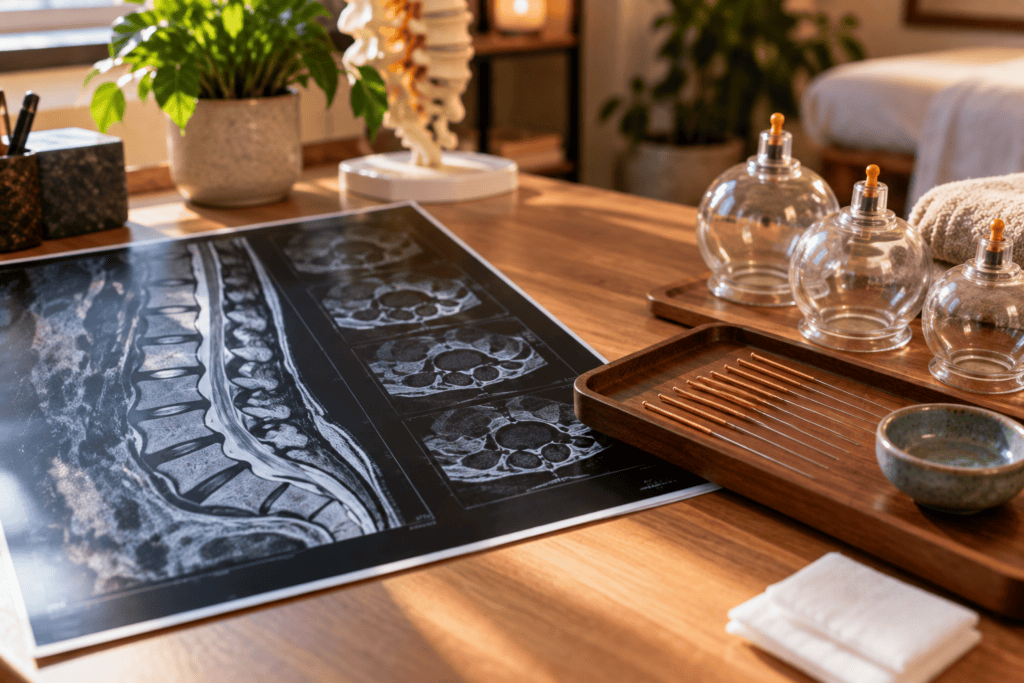 Spine MRI film beside a tray of acupuncture needles and a cupping set on a clinic desk.