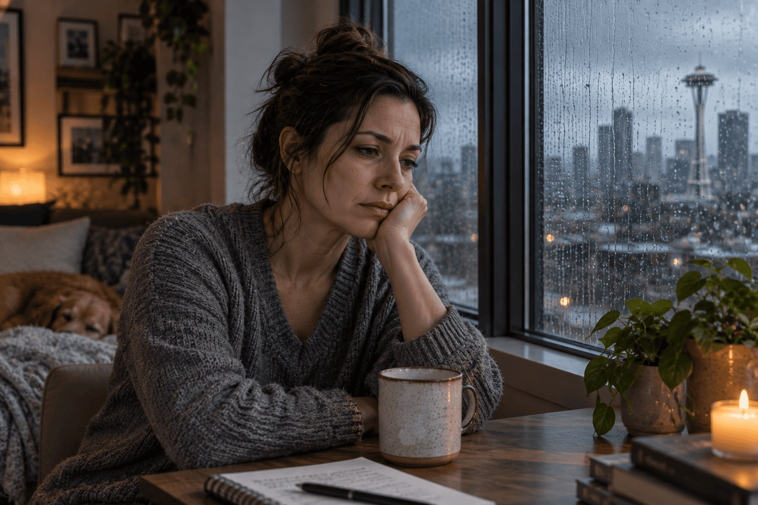 Woman sitting alone by a rain-covered window in Seattle during a quiet moment of self-doubt and reflection.