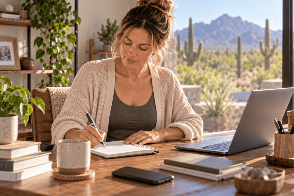 Woman working with focused concentration at her home-office desk.