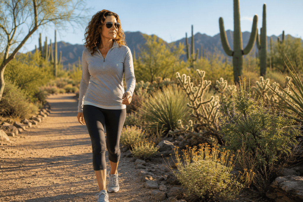 Woman in her early 50s walking outdoors on a Scottsdale desert trail in the morning.
