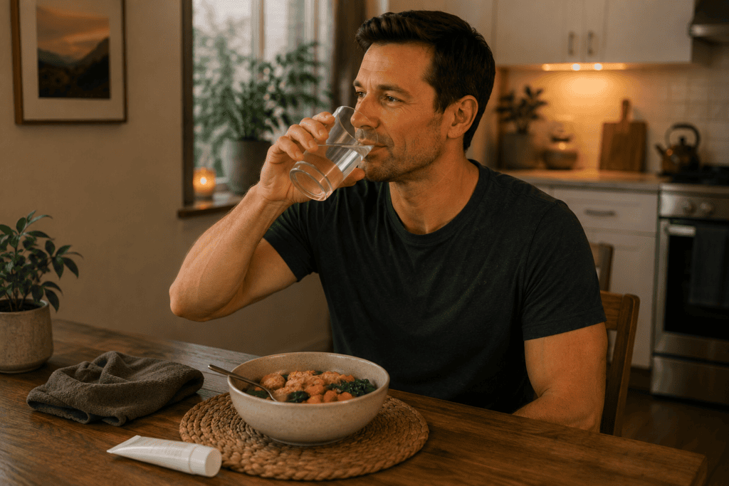 Man drinking water and resting with a simple meal at home after cupping treatment.