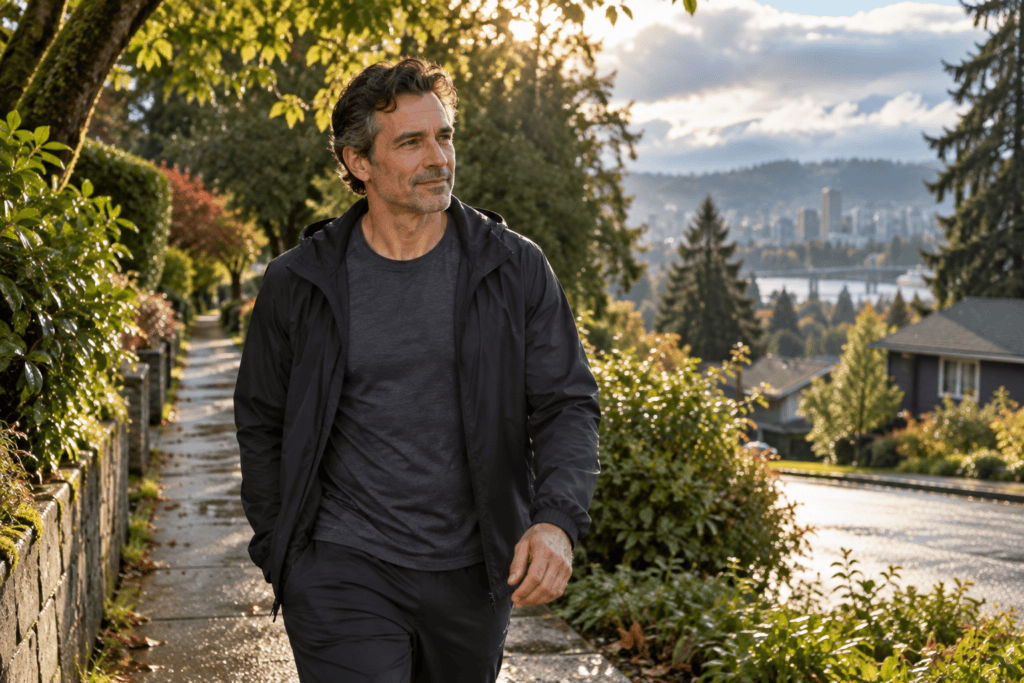 Man taking a relaxed morning walk outdoors after rain in Portland.