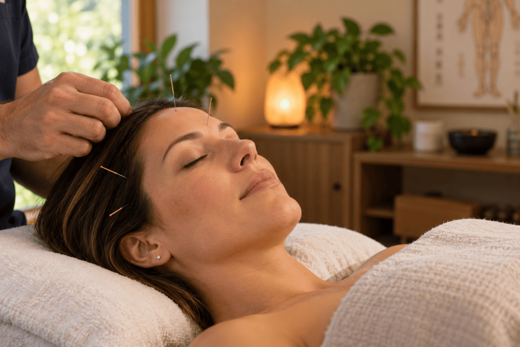 Person relaxed with eyes closed during a calming acupuncture treatment for immune support.