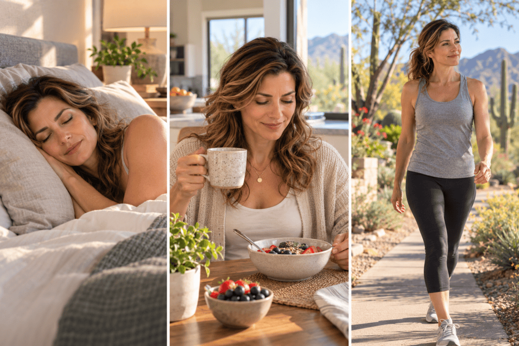 Woman sleeping comfortably, enjoying breakfast and feeling energetic during her everyday routine.