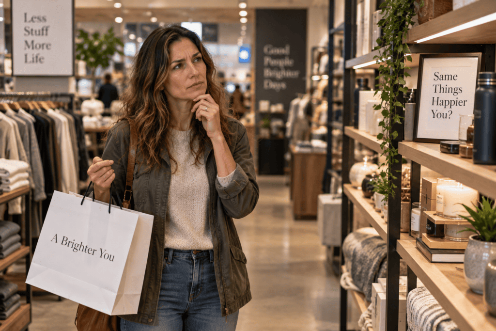 Person in a store aisle holding a shopping bag, pausing thoughtfully as if reconsidering.