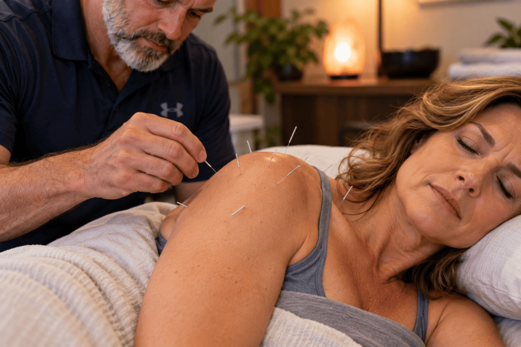 Close-up of acupuncture needles placed around the exposed right shoulder during treatment for frozen shoulder.