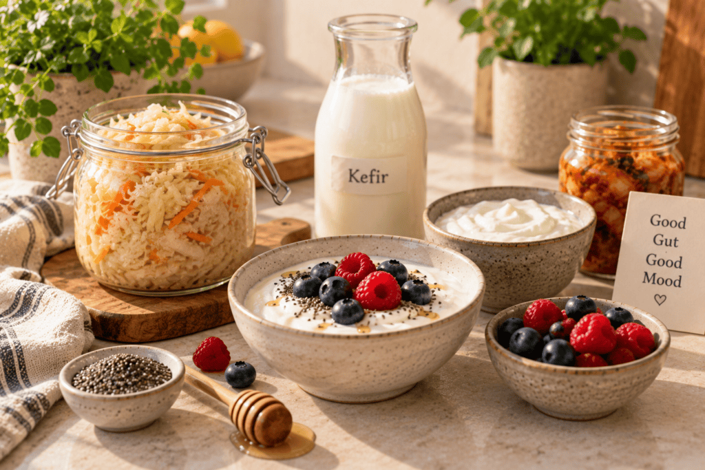 Probiotic and fermented foods like yogurt, kefir, and sauerkraut arranged on a clean surface.