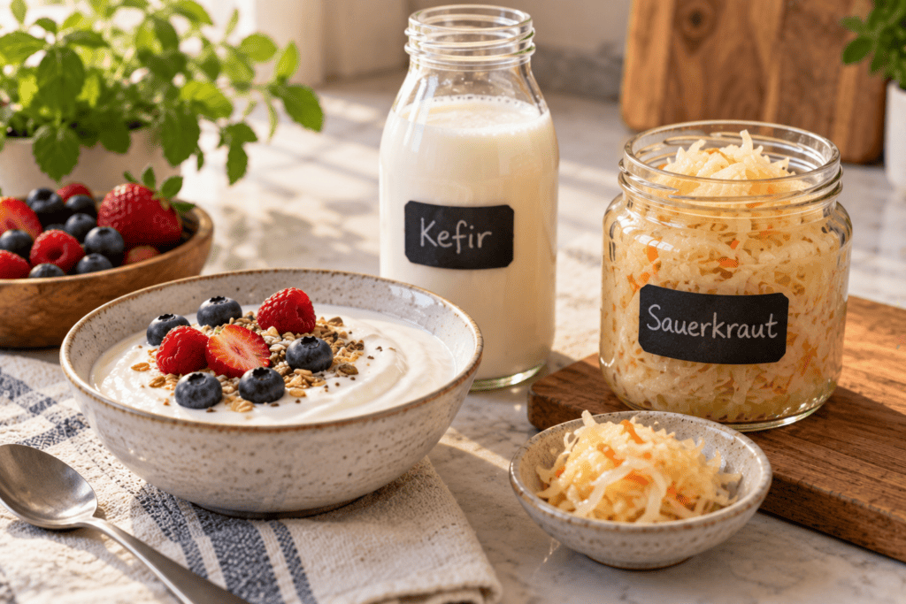 Probiotic and fermented foods like yogurt, kefir, and sauerkraut arranged on a clean surface.