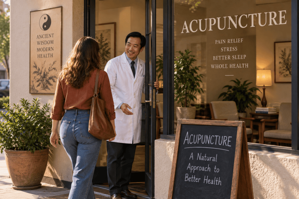 Woman entering an American acupuncture clinic in the 1970s as acupuncture gained growing public interest in the United States.