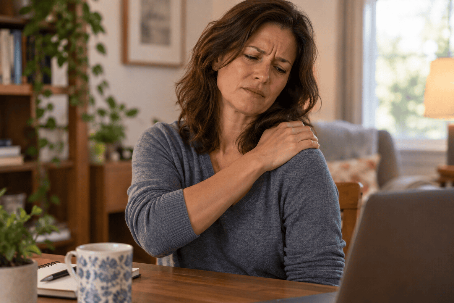 Person holding a sore shoulder with the opposite hand and a pained expression, showing shoulder pain.