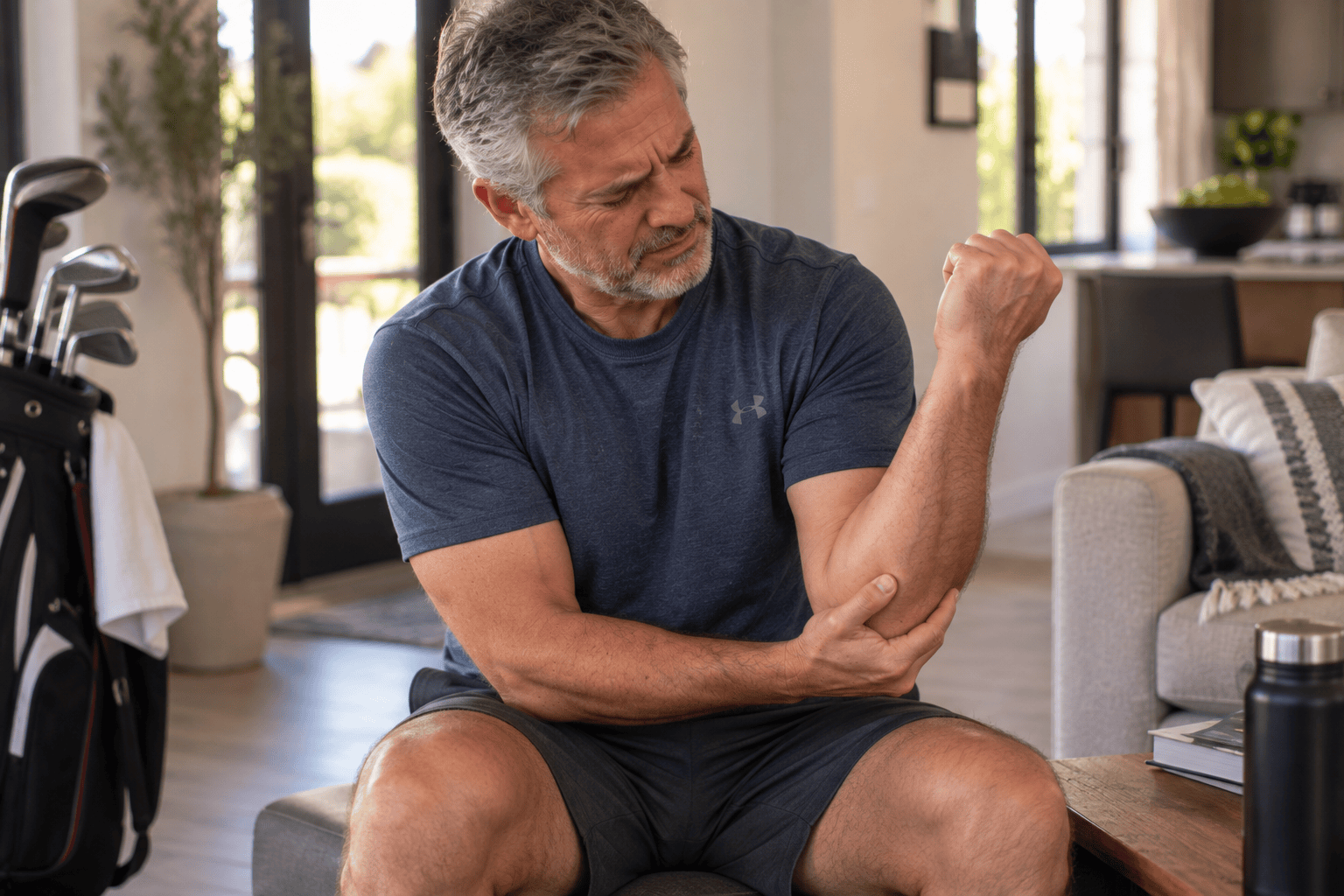 Person holding the inner side of their elbow with a pained expression, showing golfer's elbow pain.