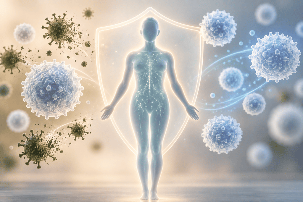 Clean illustration of the body's immune defense with stylized cells and a shielded silhouette.