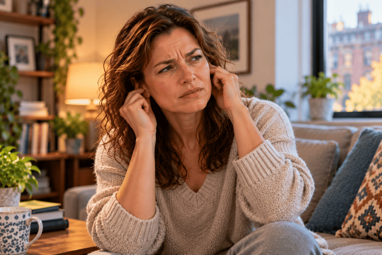 Woman rubbing both ears with an uncomfortable expression as she experiences clogged ears and muffled hearing.