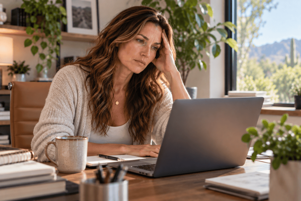 Woman struggling to concentrate at her desk while experiencing brain fog and fatigue.