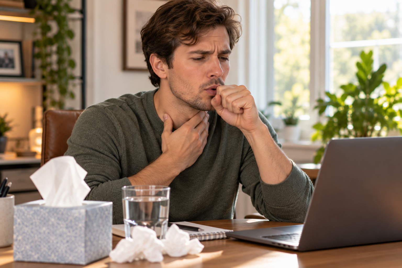 Person at a desk with a hand at the throat, clearing the throat, tissues and water nearby.