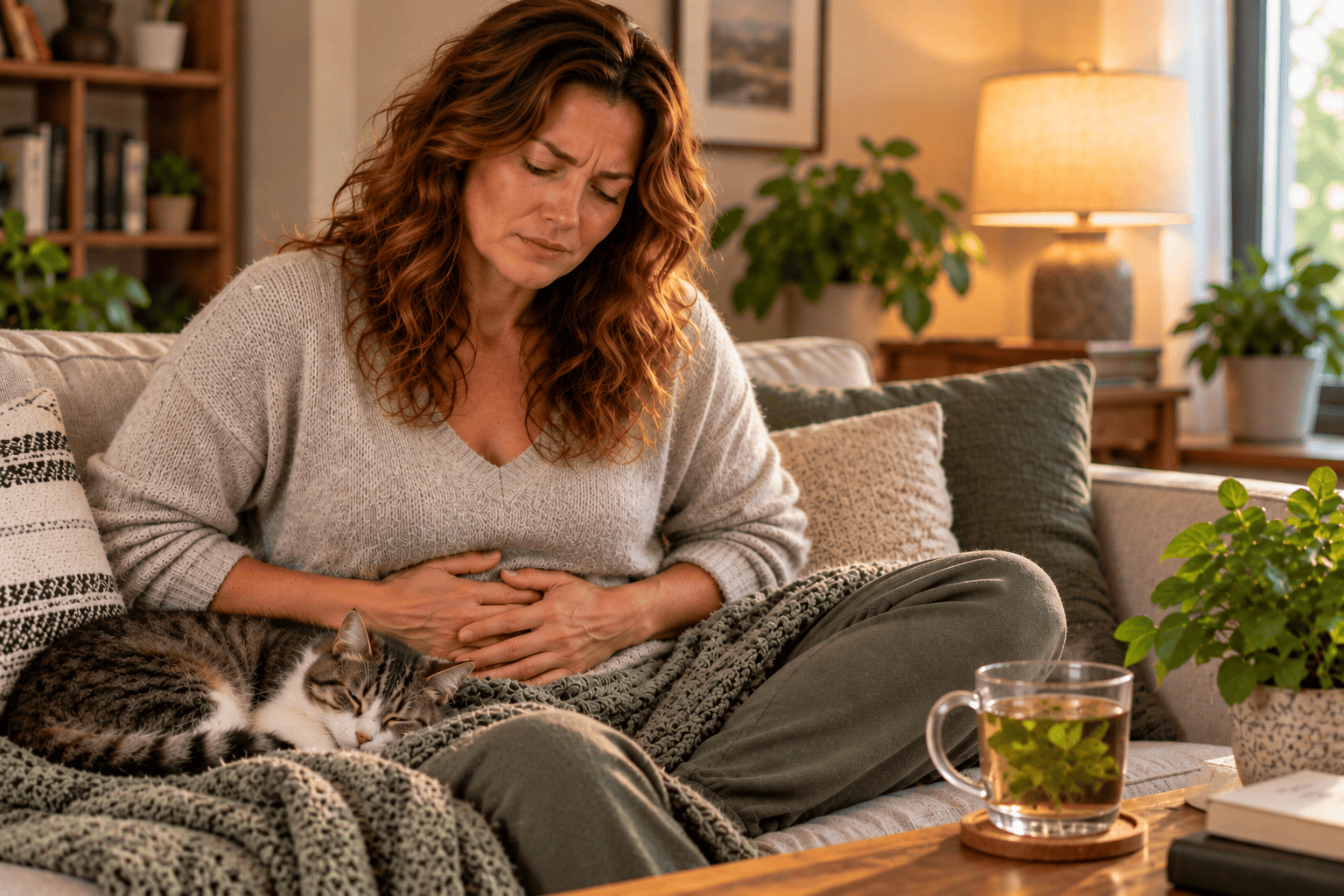 Person sitting on a couch with hands on their lower abdomen, looking uncomfortable from IBS cramping and bloating.