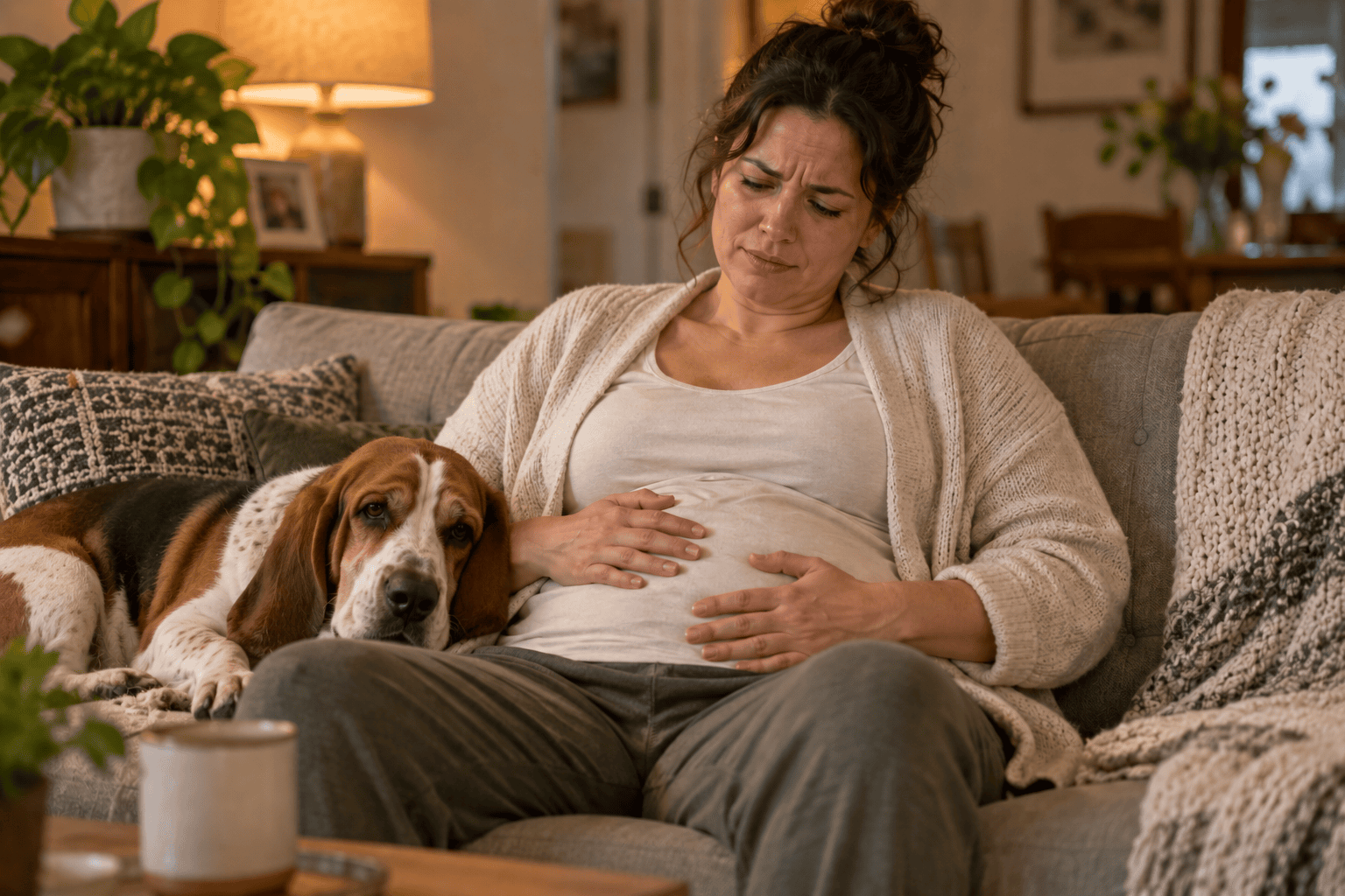 Person on a couch with both hands on a bloated, uncomfortable belly, looking distended and gassy.