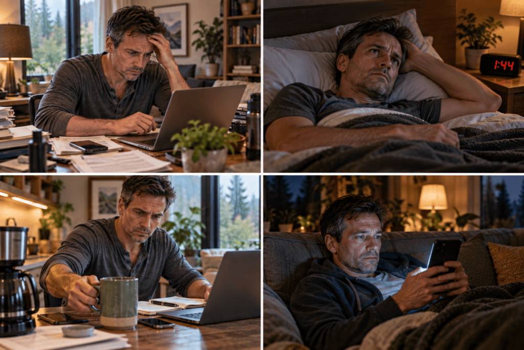 Four scenes showing chronic work stress, poor sleep, caffeine use, and late-night screen time.