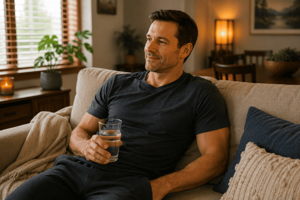 Man relaxing with water at home during the first few hours after cupping therapy.