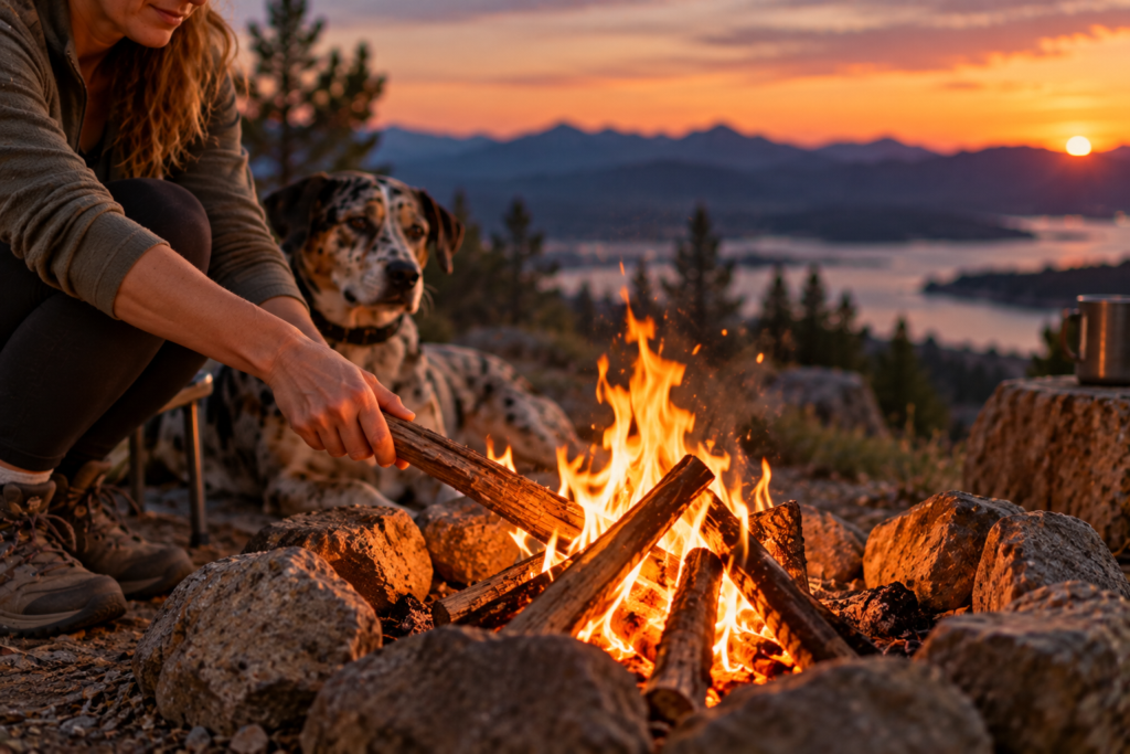 Hands adding a stick to a small, brightly glowing campfire at dusk.