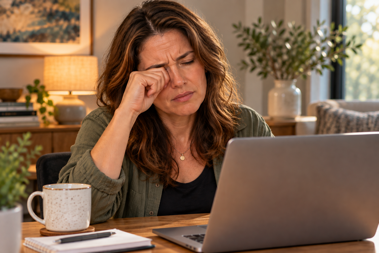Person at a laptop rubbing one eye with a knuckle, looking tired and uncomfortable.