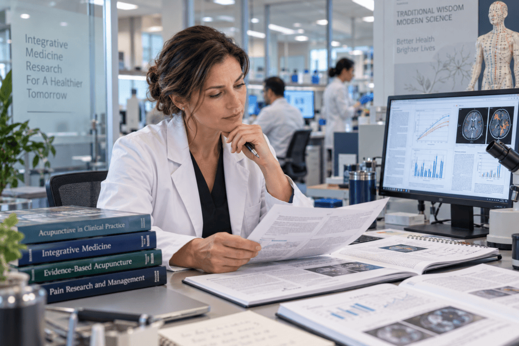 Medical researcher reviewing scientific studies and data about acupuncture.