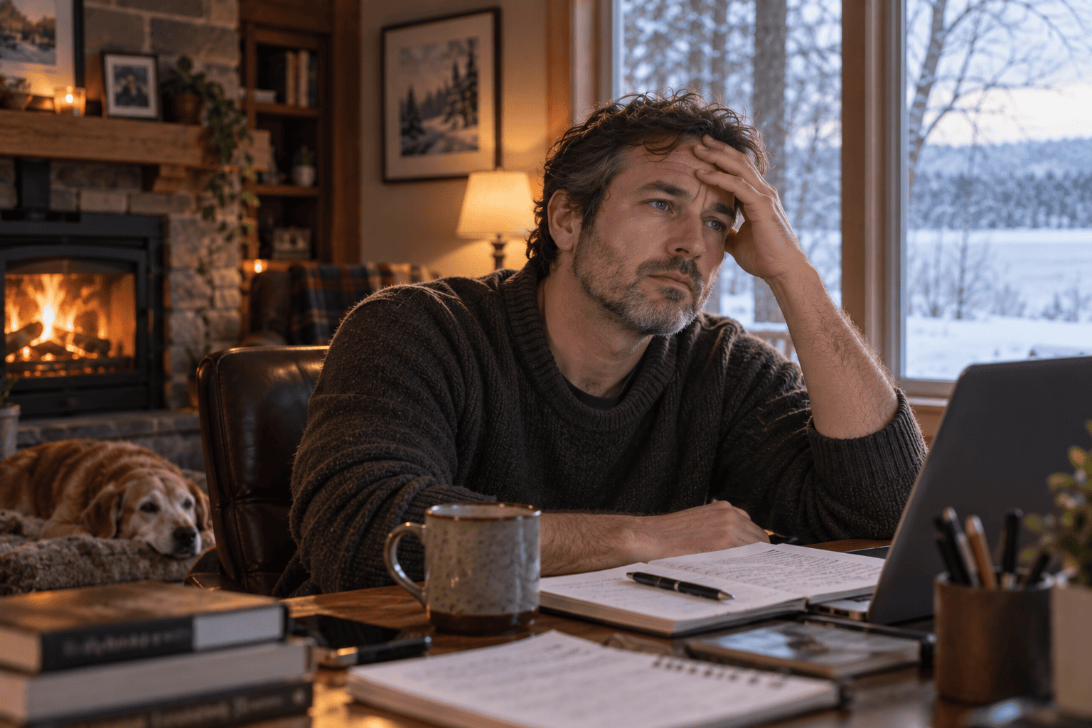 Person at a desk with a hand to the forehead, gazing blankly with a foggy, unfocused expression.