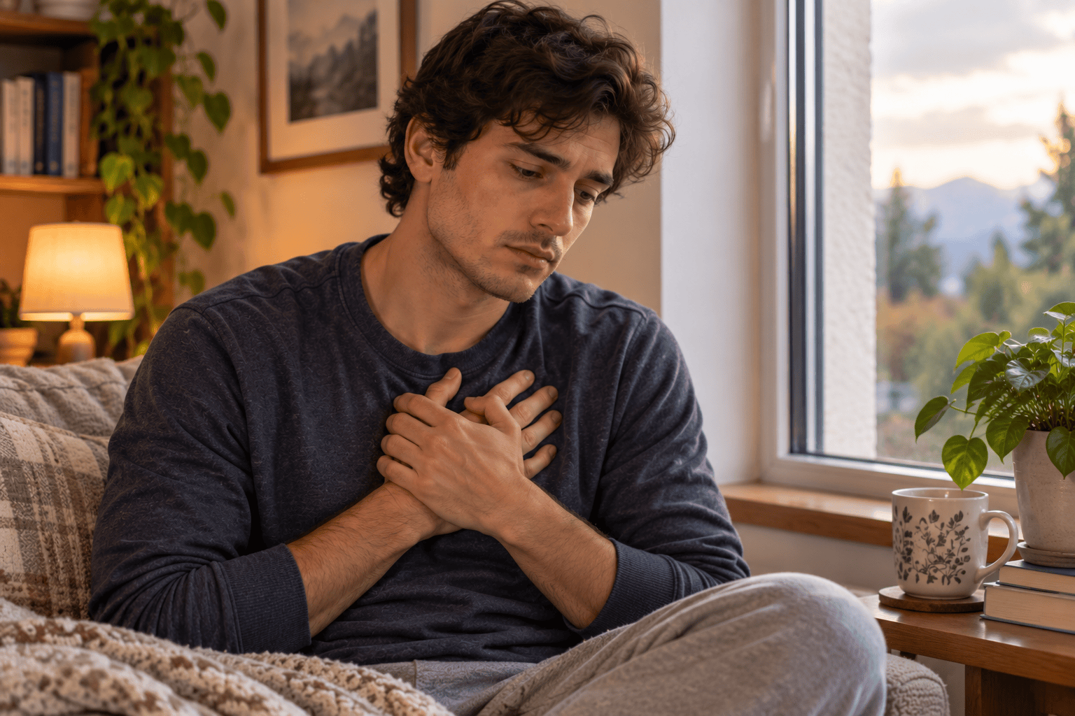 Person sitting quietly by a window looking downcast but calm, a hand resting over their heart.