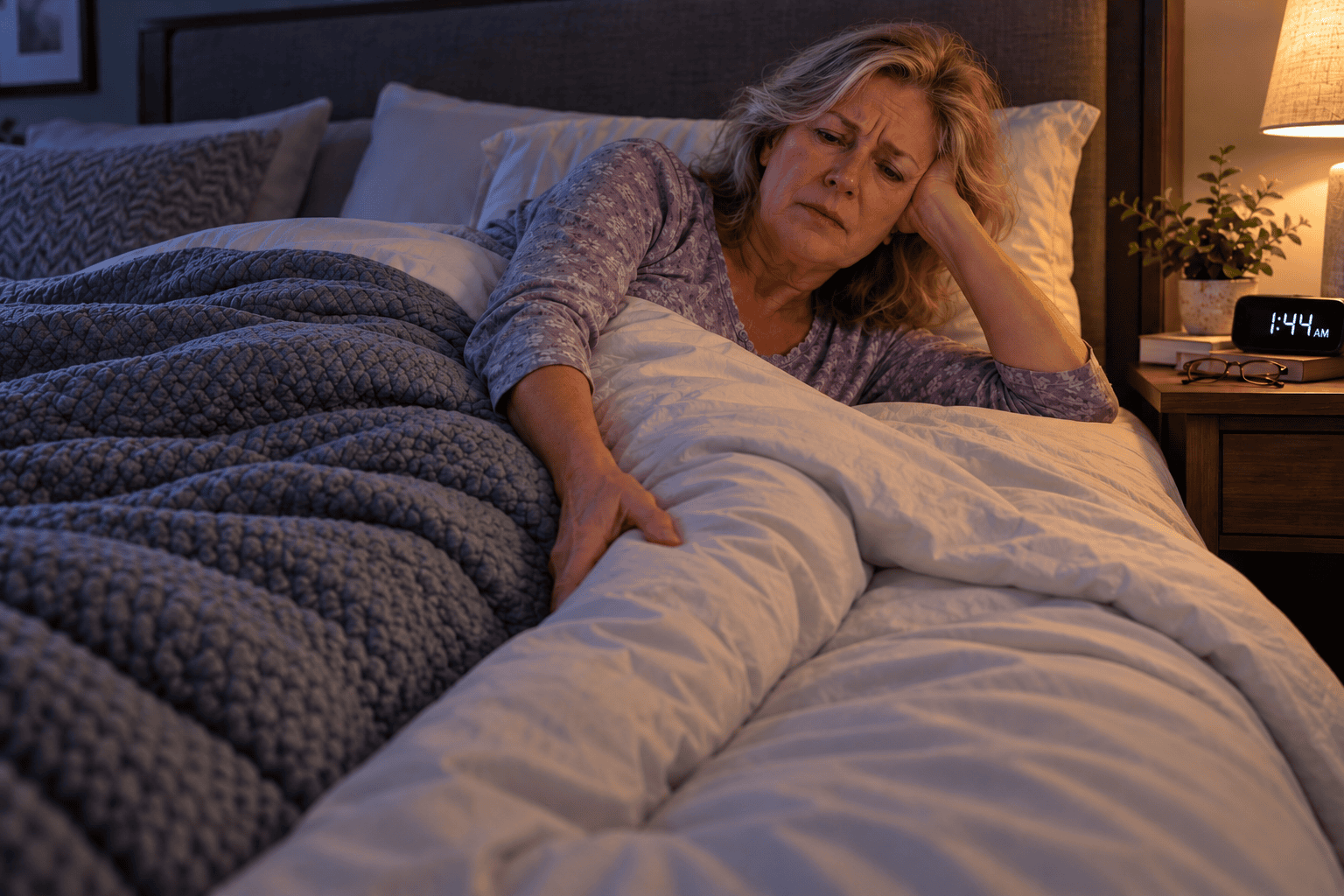 Person lying awake in bed at night reaching toward a restless calf, unable to settle, from restless legs.