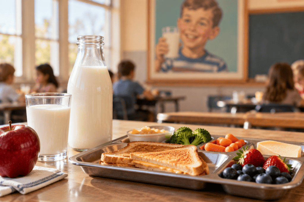 Glass of milk beside a school-style lunch tray representing generations of dairy nutrition messaging.