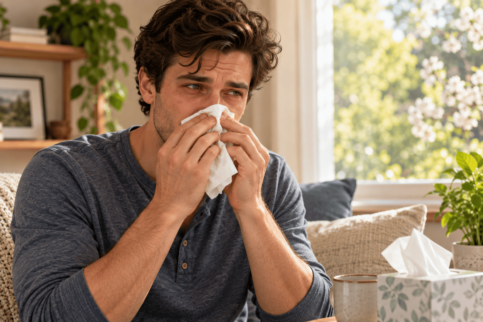 Person dabbing a runny nose with a tissue, eyes red and watery, worn down by allergies.