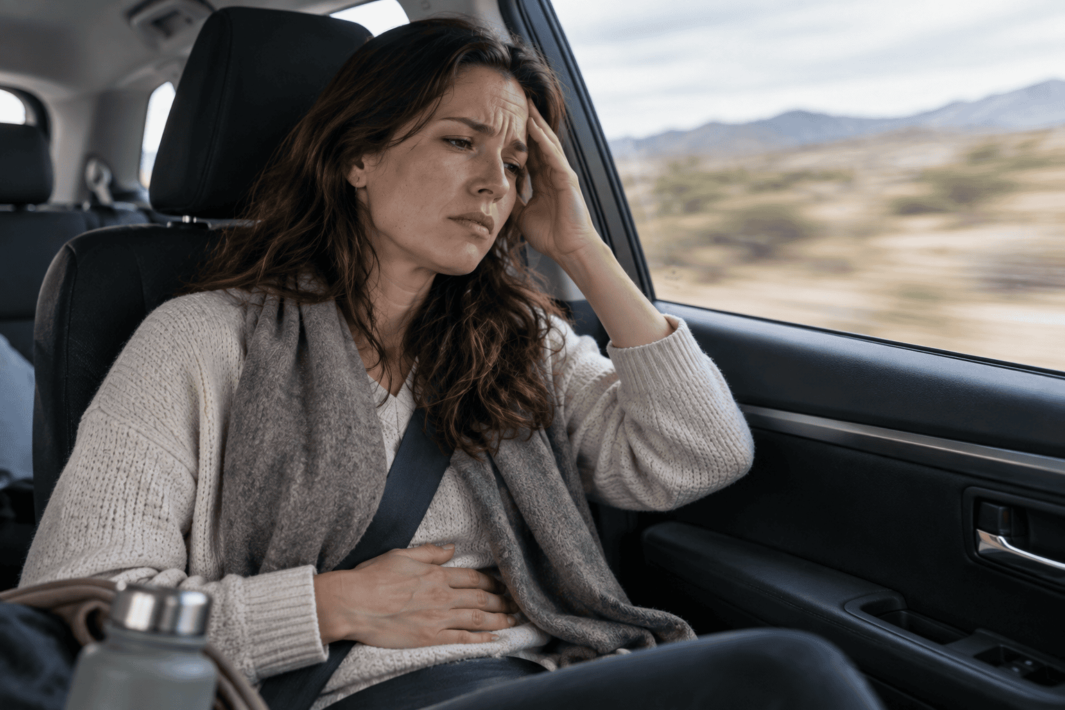 Person in a car or plane looking queasy with a hand to their stomach, unwell from motion sickness.