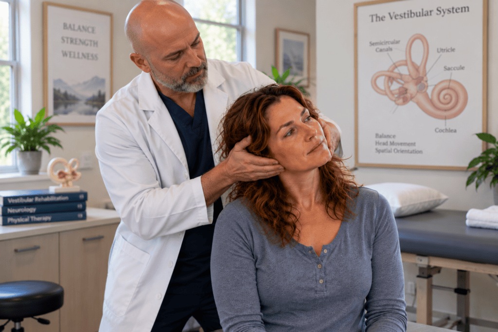 Physical therapist guiding a patient's head position during a vestibular repositioning maneuver in a clinic.