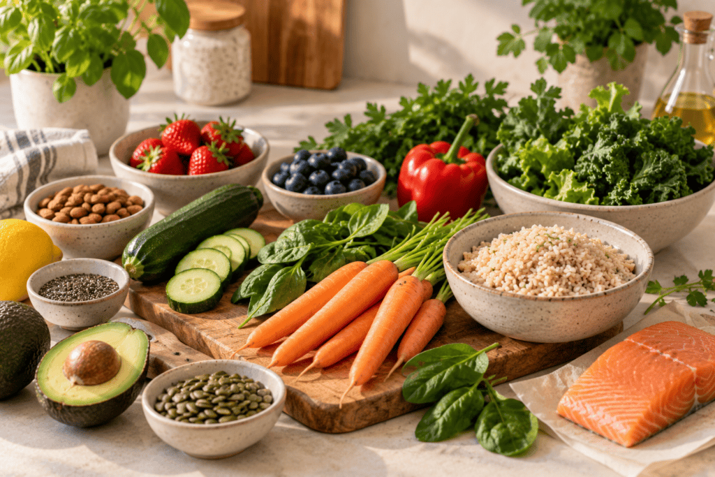 Fresh low-FODMAP foods like leafy greens, carrots, rice, and berries arranged on a clean surface.