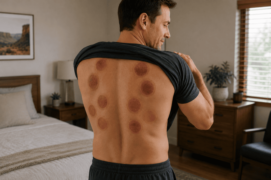 Man getting dressed the morning after cupping with circular marks visible across his back.