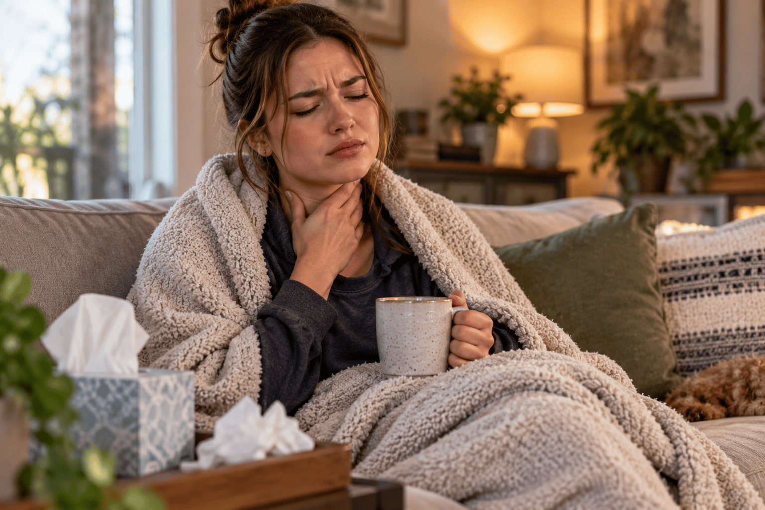 Person on a couch with a hand at their throat, looking pained, a blanket, mug, and tissues nearby.