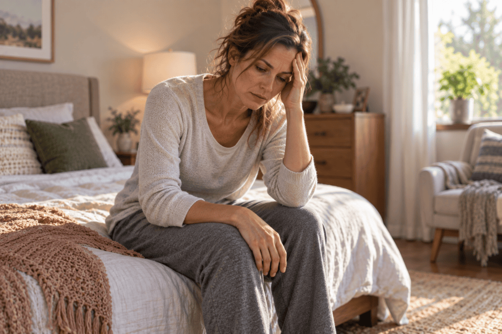 Woman experiencing persistent fatigue, body aches, and brain fog associated with chronic inflammation.