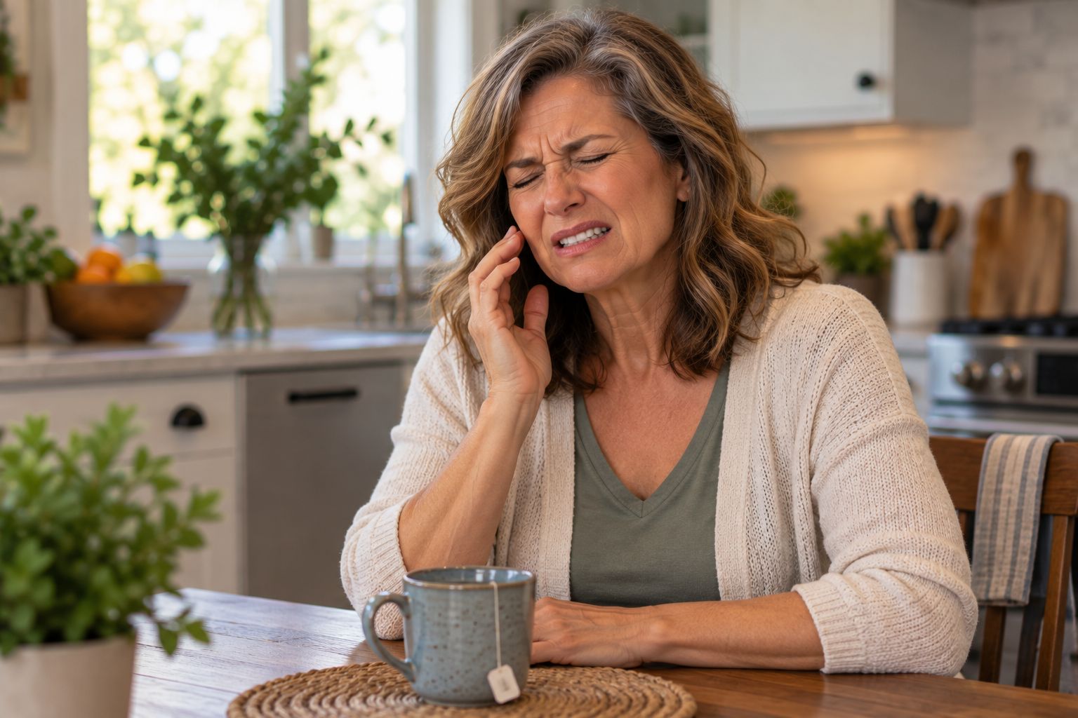 Person at a kitchen table with a hand hovering near the cheek, eyes squeezed shut in sudden pain.