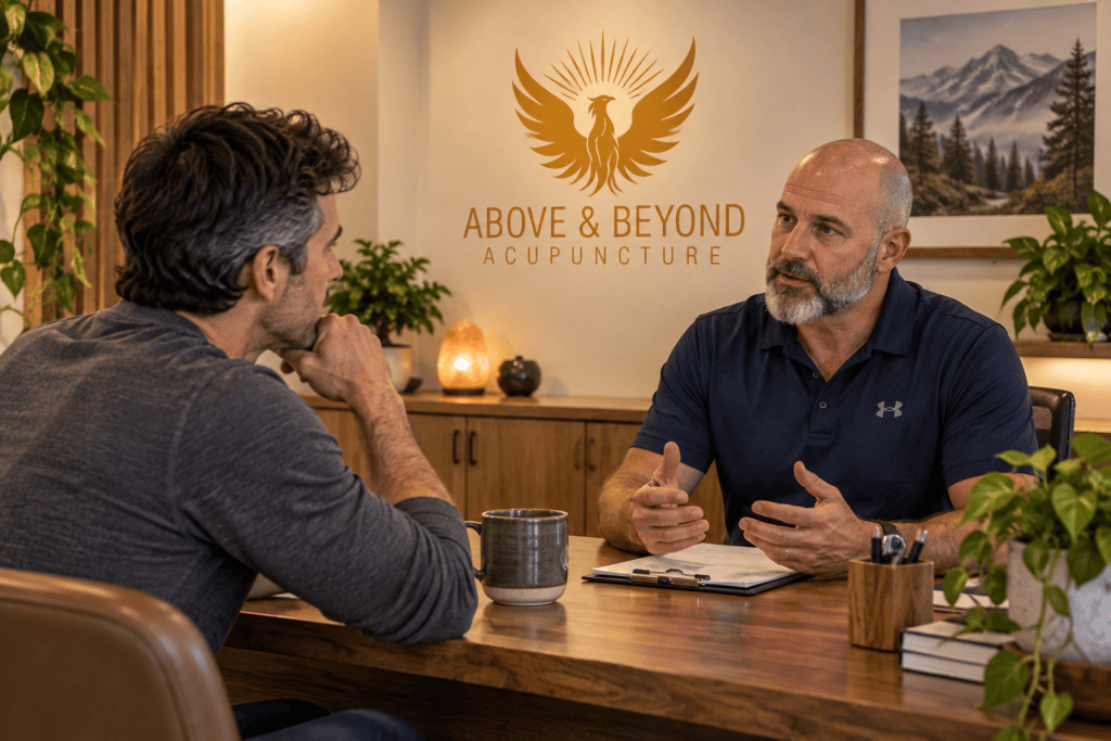 Acupuncturist speaking with a patient about stress and related symptoms during a clinic consultation.