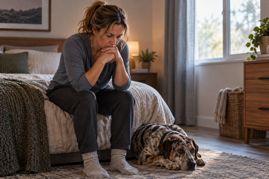 Person sitting on the edge of a bed, elbows on knees, staring at the floor.