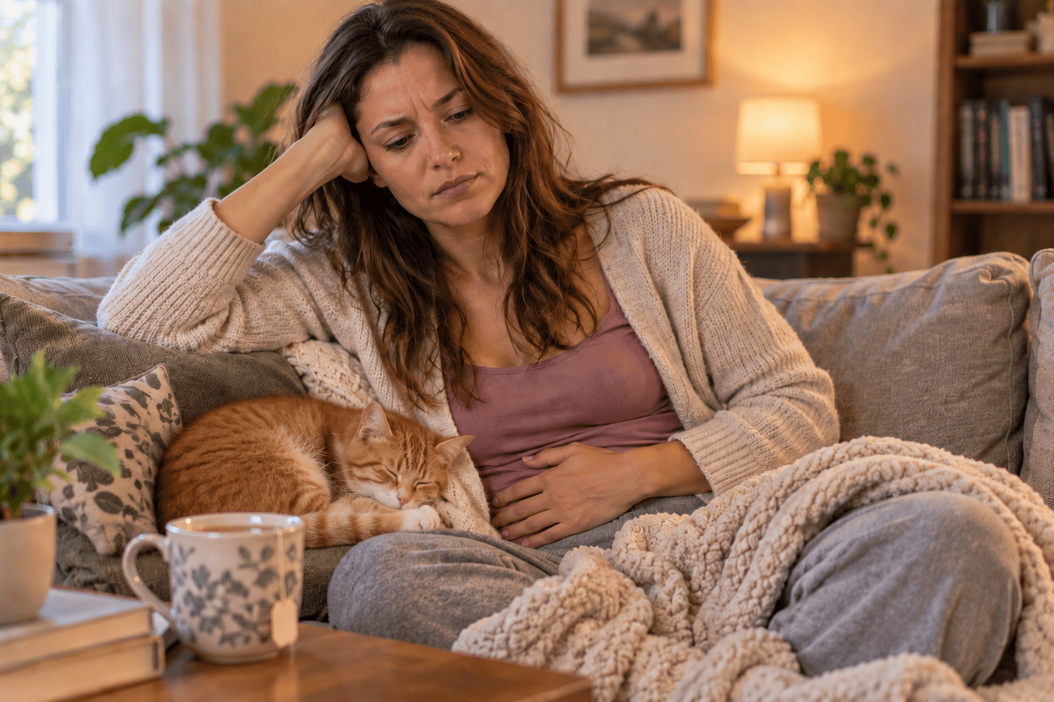 Woman on a couch with a hand on her lower abdomen looking tired and uncomfortable from PMS, tea nearby.