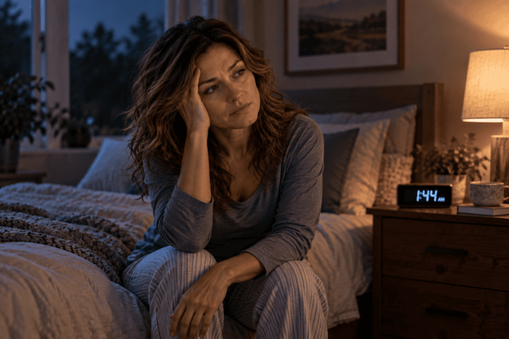 Exhausted woman sitting awake on the edge of her bed at 1:44 AM, unable to settle into sleep.
