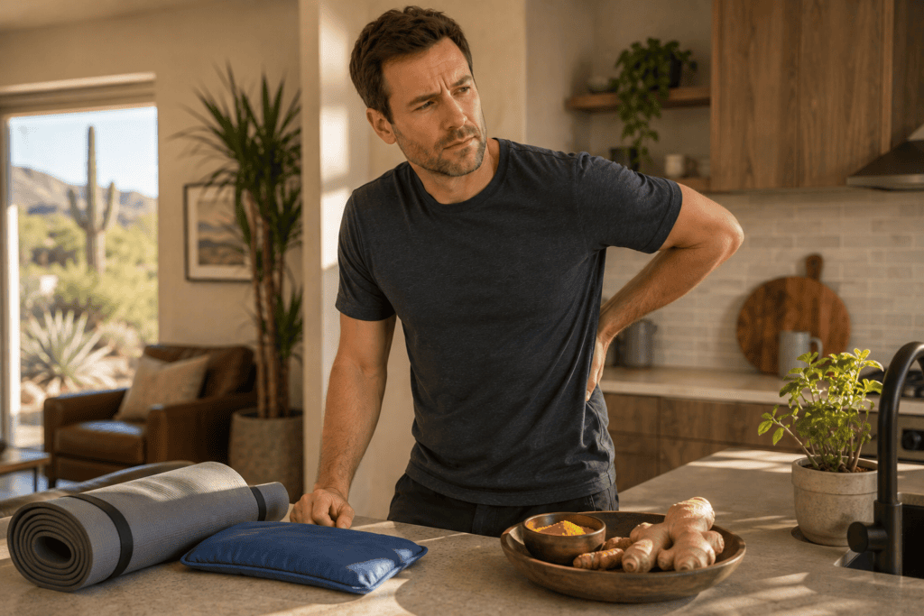 Man with back discomfort considering several natural approaches to managing pain at home.